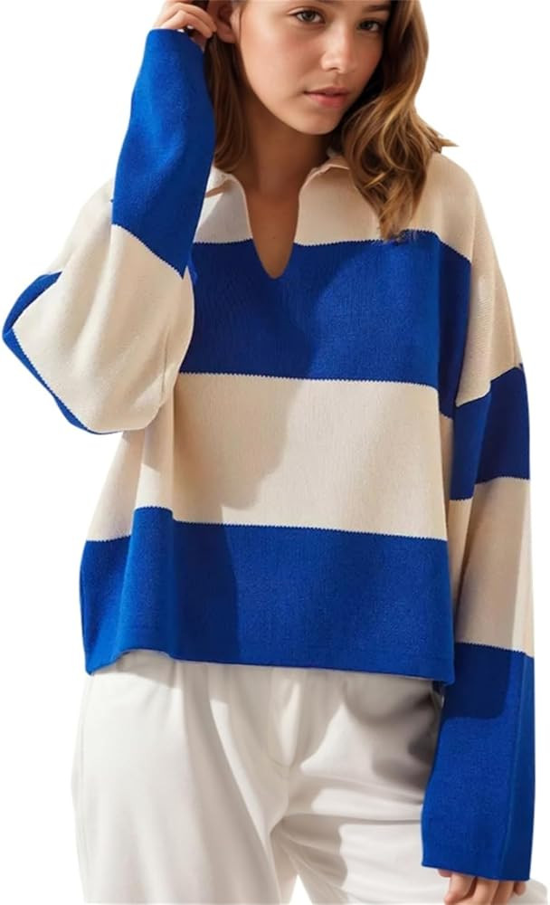 LifeShe Striped Sweater Women V Neck Long Sleeve Pullover Fall Sweaters Loose Oversized Knit Top | Amazon (US)