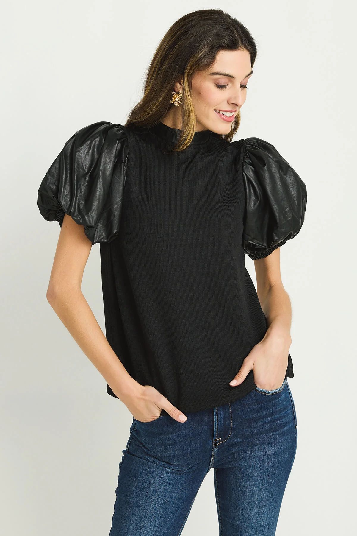 THML Mockneck Leather Puff Sleeve Top | Social Threads