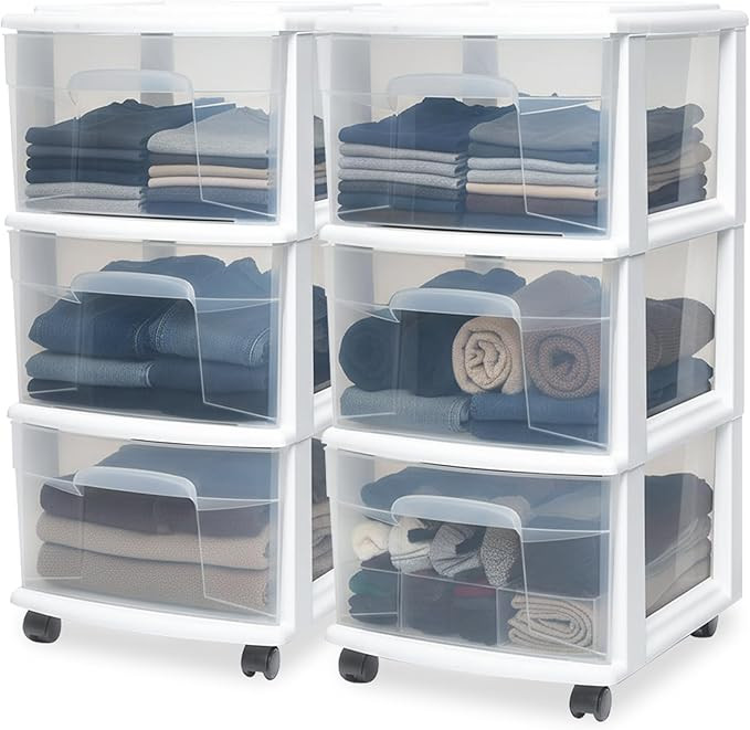 HOMZ 2-Pack Drawer Tower, 3-Tier Clear Plastic Storage Organizer Cart, White Frame - Organizing C... | Amazon (US)