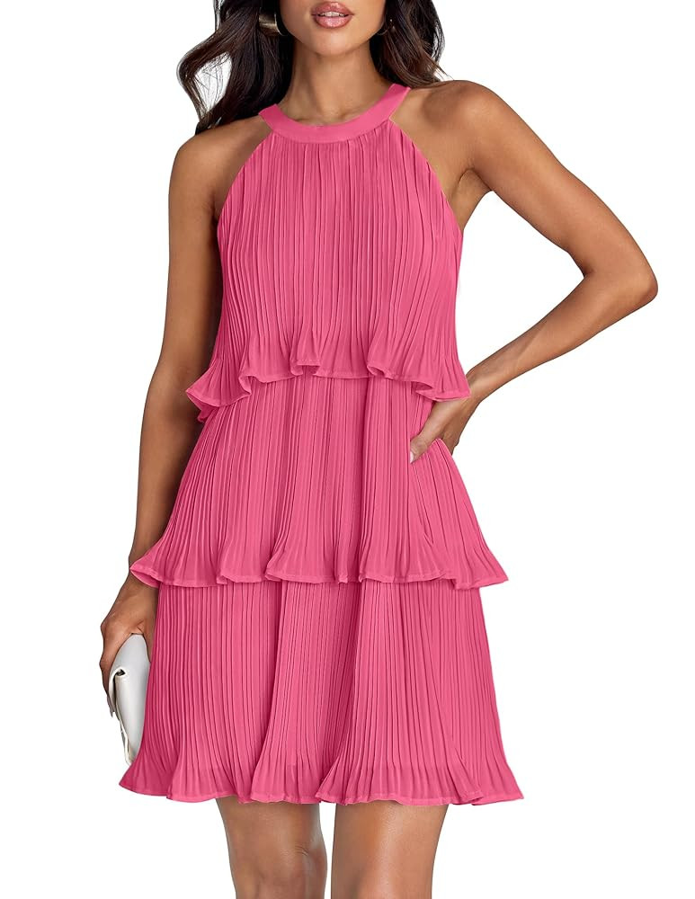 ZESICA Women's 2025 Summer Halter Dresses Sleeveless Ruffle Tiered Layered Chiffon Pleated A Line... | Amazon (US)