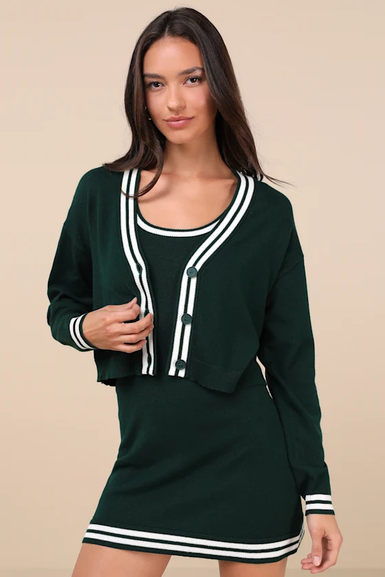 Charming Duo Dark Green Two-Piece Sweater Dress & Cardigan Set | Lulus