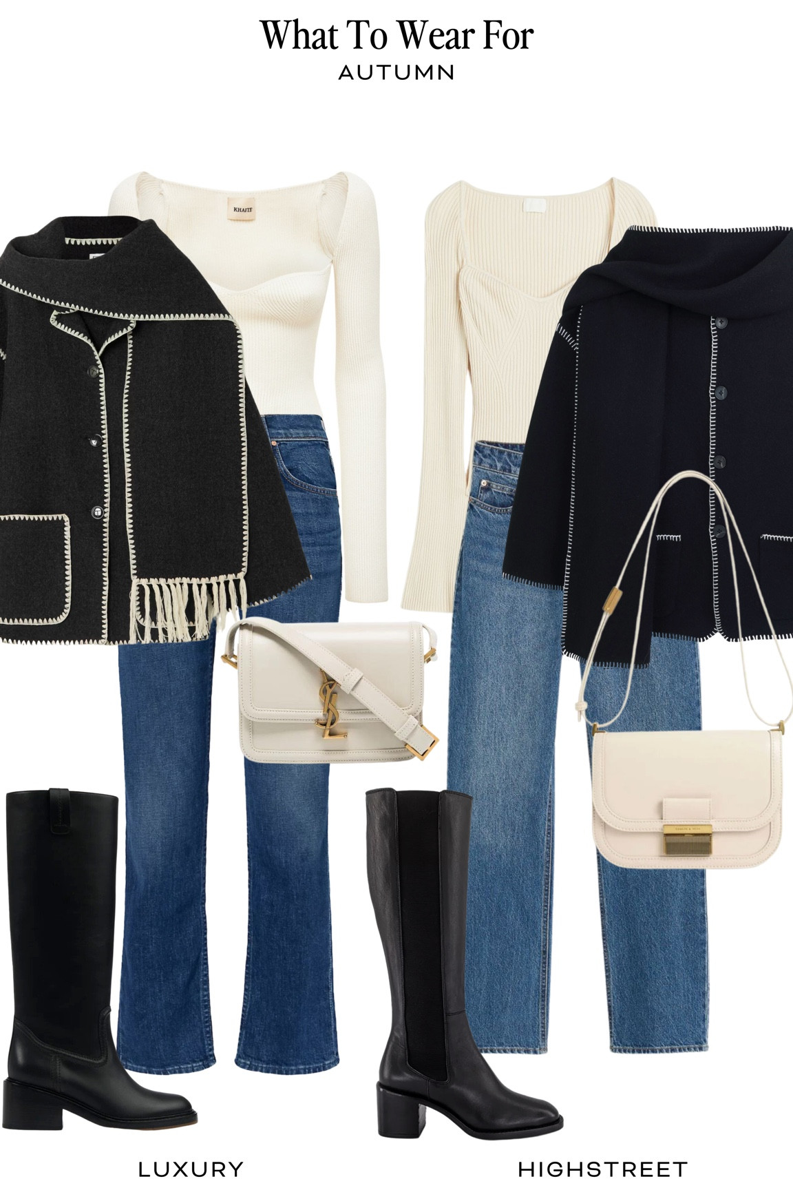 Autumn: luxury vs highstreet 

Toteme scarf jacket, the white company, straight jeans, knee high boots, Chloé, Khaite heart shape top, H&M knits, designer dupes 

#LTKeurope #LTKSeasonal #LTKstyletip