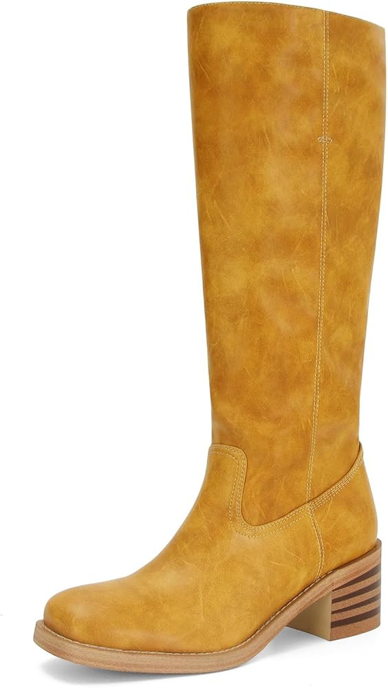 Amazon.com: ZJGZF Womens Banana Knee High Boots Square Toe Chunky Block Heel Riding Motorcycle Bi... | Amazon (US)