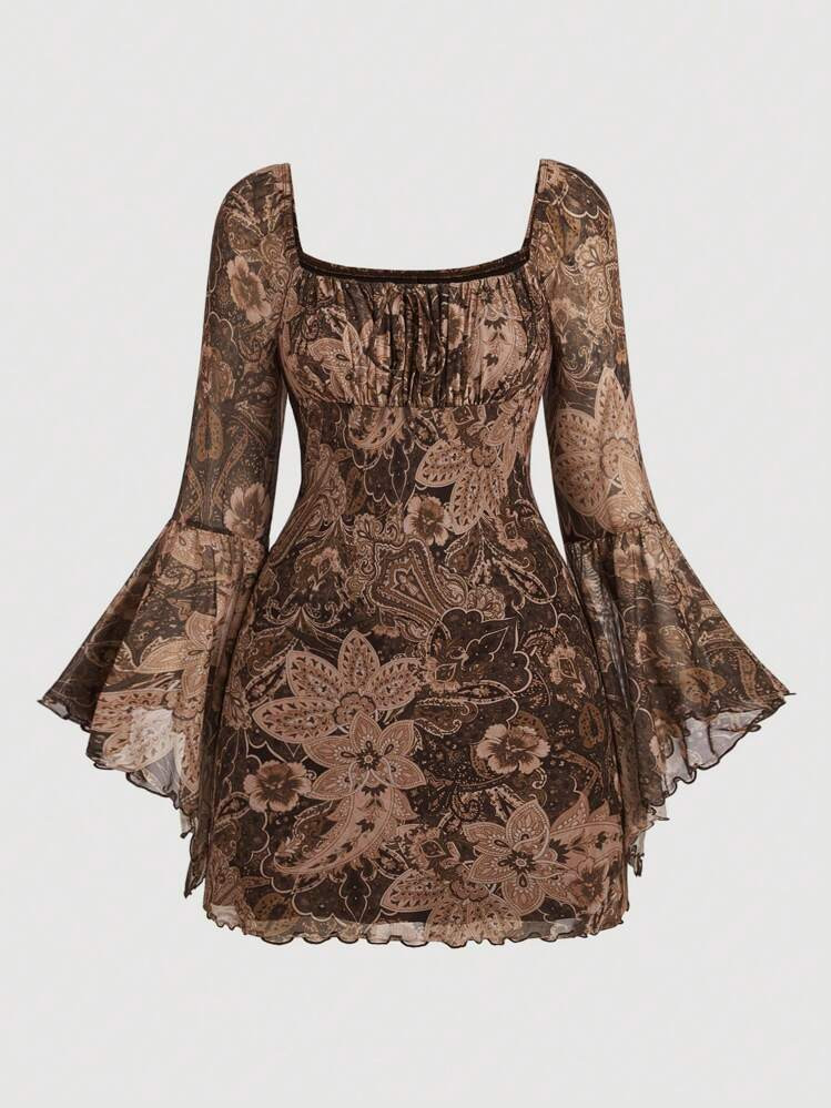 SHEIN MOD Plus Size Women's Floral And Paisley Print Long Bell Sleeve Retro Dress | SHEIN