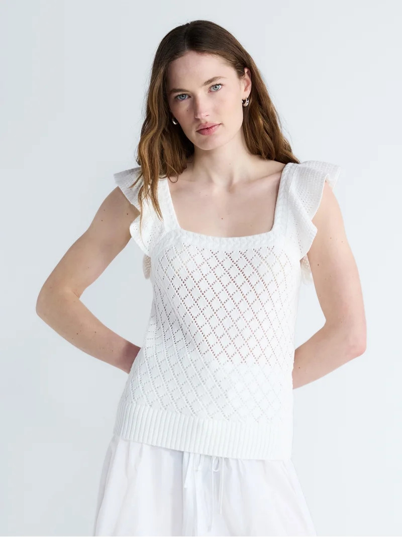 Free Assembly Women's and Women's Plus Square Neck Cotton Sweater with Flutter Sleeves, Sizes XS-... | Walmart (US)