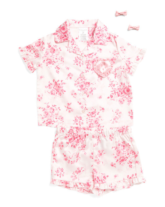 Toddler Girls Satin Ruffled Floral Short Pajama Set With Hair Clips | TJ Maxx
