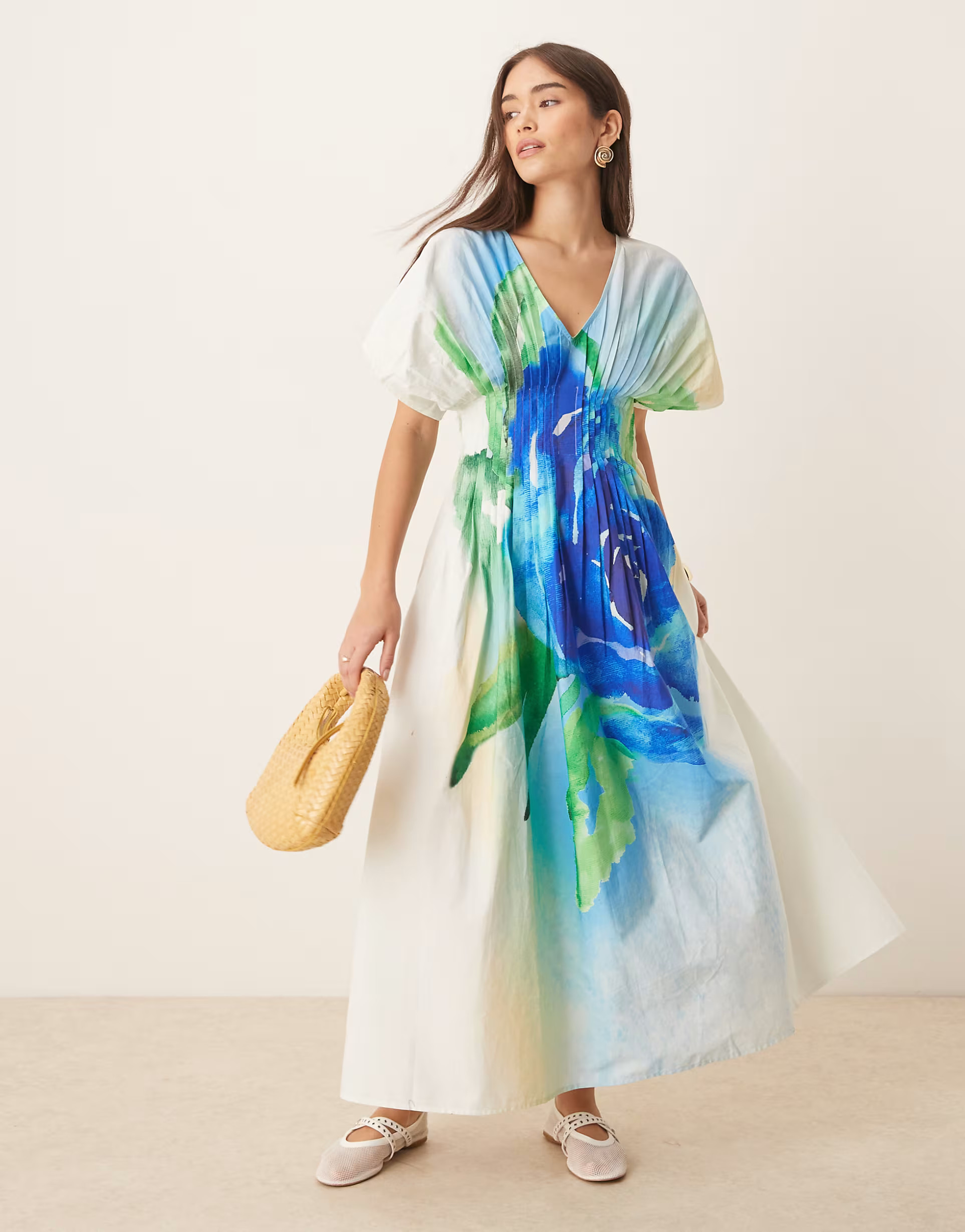 ASOS DESIGN v neck short sleeve midi dress with narrow pintucks in blue rose print | ASOS (Global)