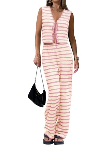 Tankaneo Womens Crochet Sets 2 Piece Outfits Tie Front Sleeveless Vest Tops Wide Leg Pants Striped Knit Y2K Matching Sets | Amazon (US)