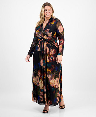 Anne Klein Plus Size Long-Sleeve Twist-Front Mesh Maxi Dress - Macy's | Macy's