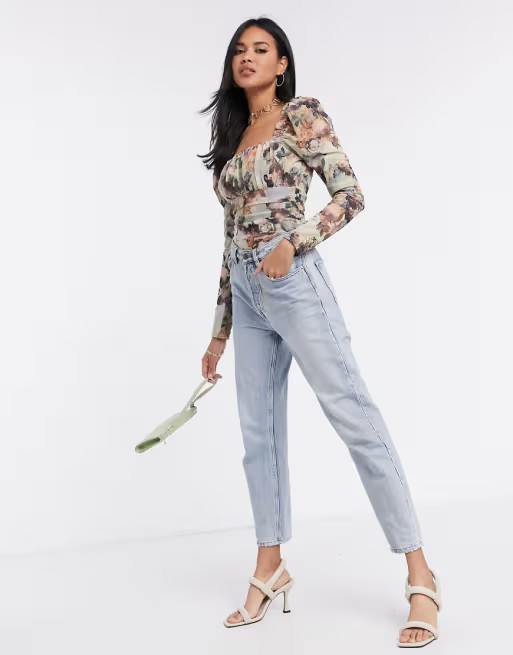 ASOS DESIGN mesh square neck bodysuit in renaissance print | ASOS (Global)