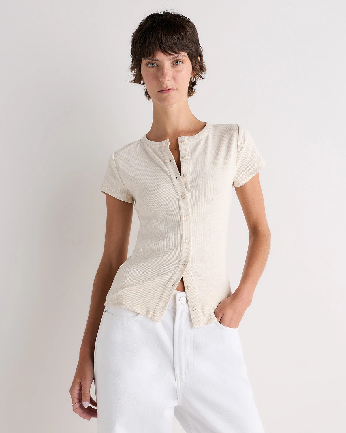 Quince | Women's Micro-Rib Button T-Shirt in Black, Size Small, Organic Cotton | Quince