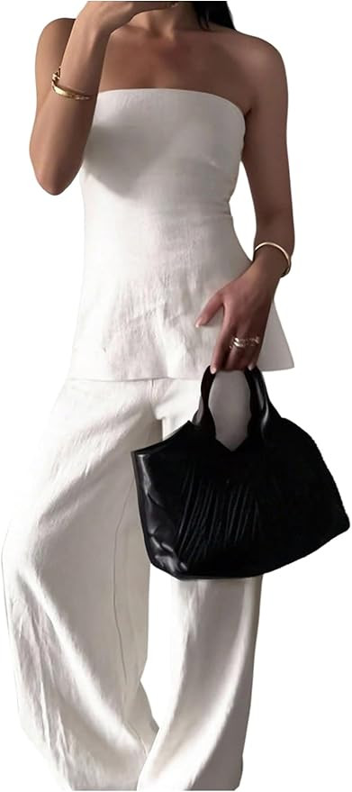 SOLY HUX Women's 2 Piece Outfit Strapless Tube Top and Wide Leg Pants Going Out Set | Amazon (US)