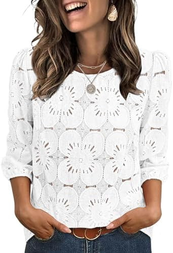 Sampeel Women Blouses Dressy Casual 3/4 Length Sleeve Tops Eyelet Lace Spring Summer Shirts Beach... | Amazon (US)