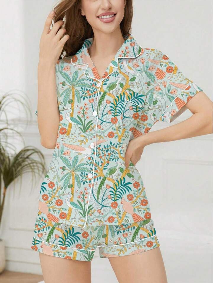 Plant Printed Collar Short Sleeve Top And Loose Shorts Leisure Pajama Set | SHEIN