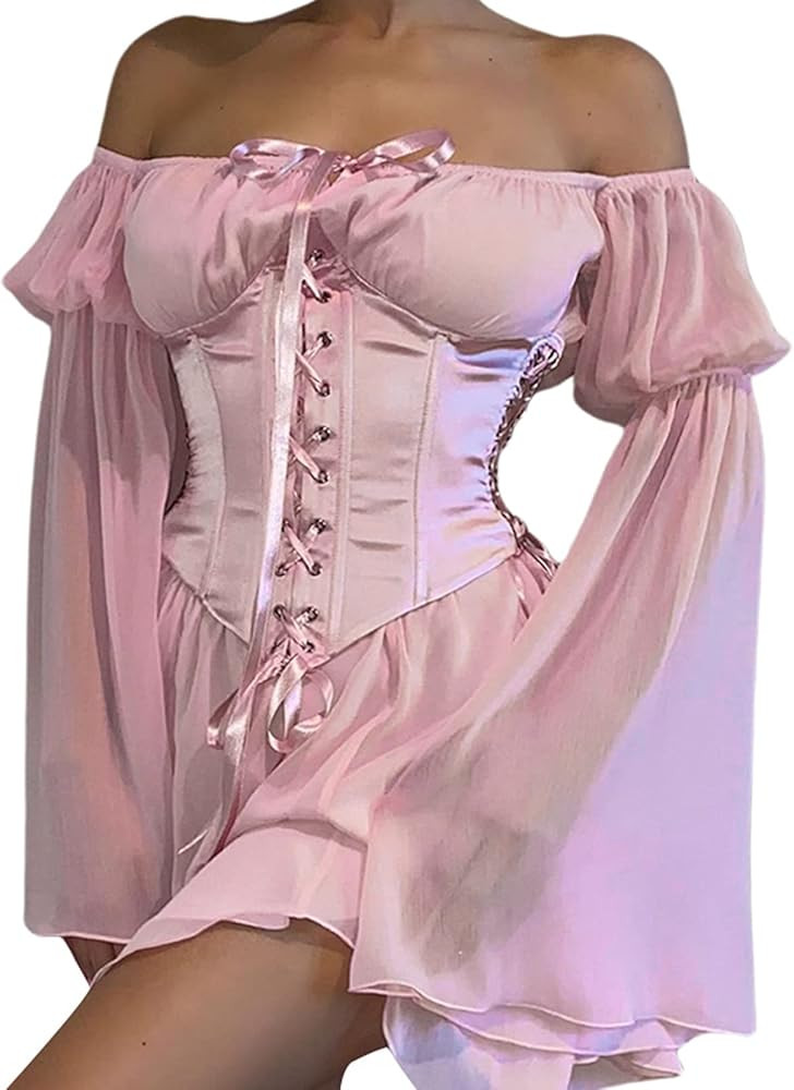 VnimVinter Women Off Shoulder Mesh Mini Dress Long Puff Sleeve Bell Sleeve A-line Swing Mini Dress | Amazon (US)