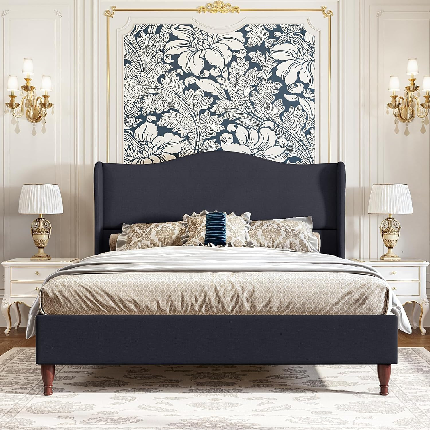 koorlian Queen Upholstered Bed Frame with 51'' Tall Headboard, Dark Navy | Amazon (US)