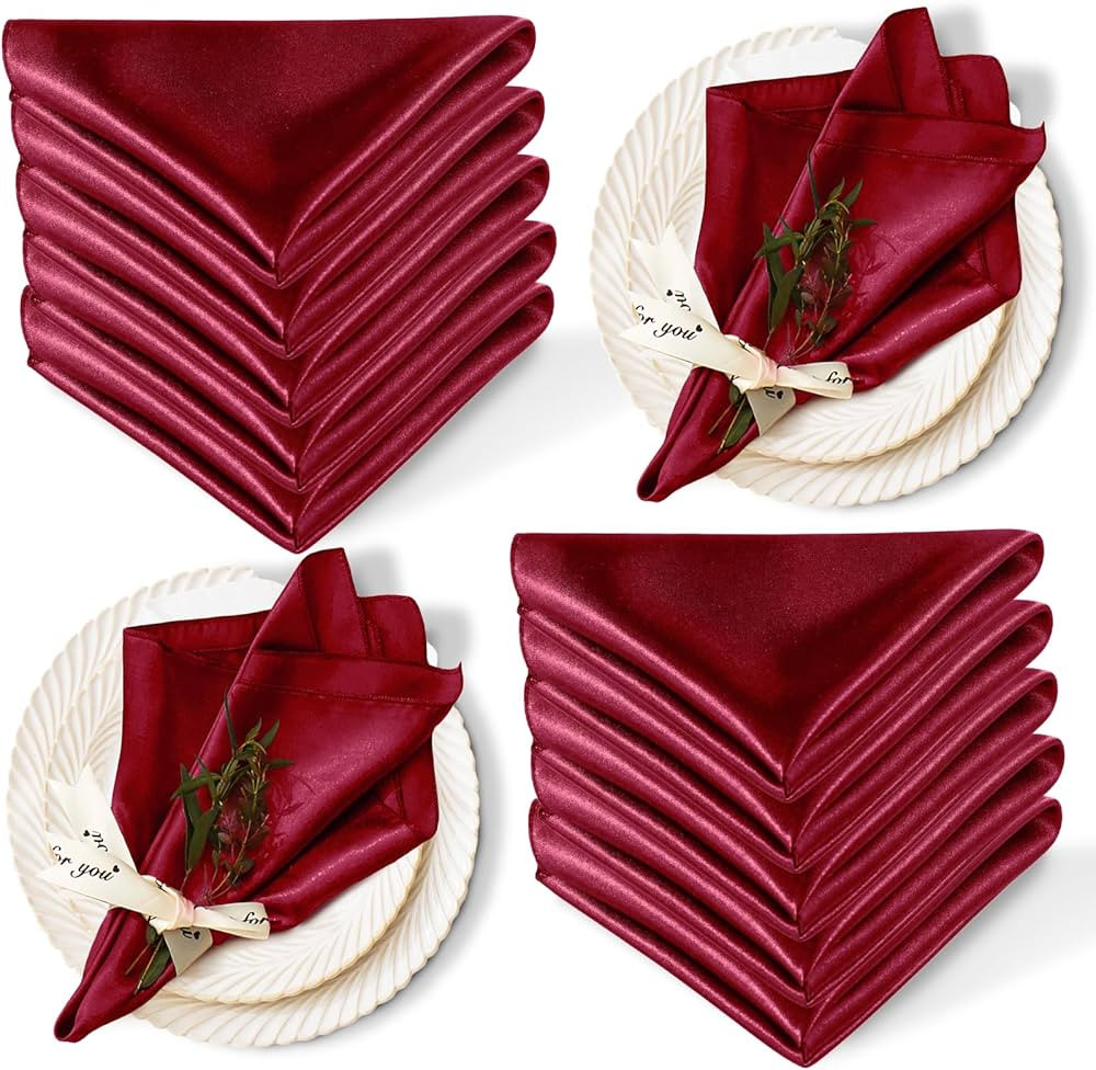 12 Pack Satin Table Cloth Napkins, 17x17 Inch Burgundy Silky Wedding Napkins Cloth Washable, Luxu... | Amazon (US)