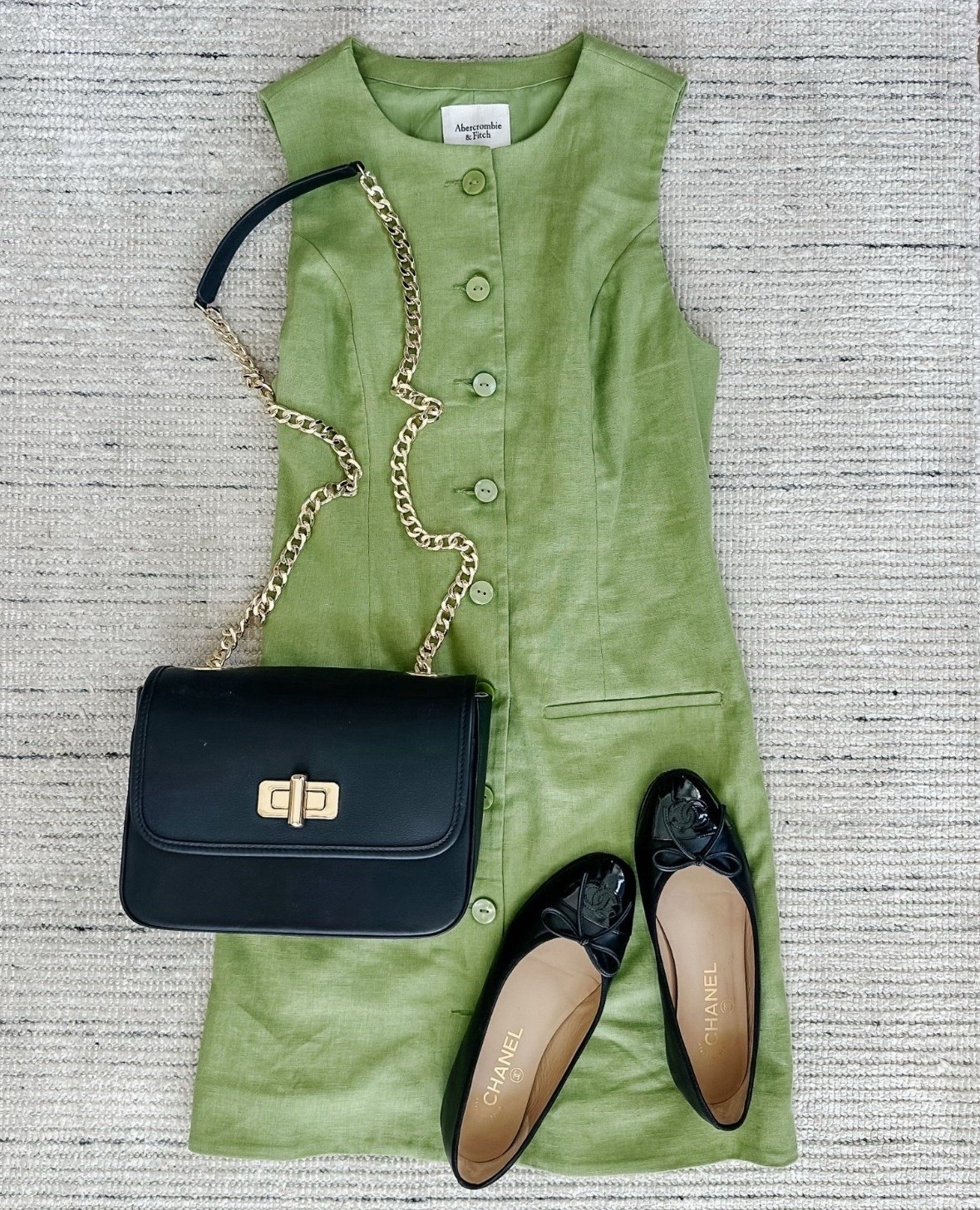 Summer casual workwear with green linen blend dress that on sale with an additional 15% off with code AF15 styled with black flats for a classic look 
