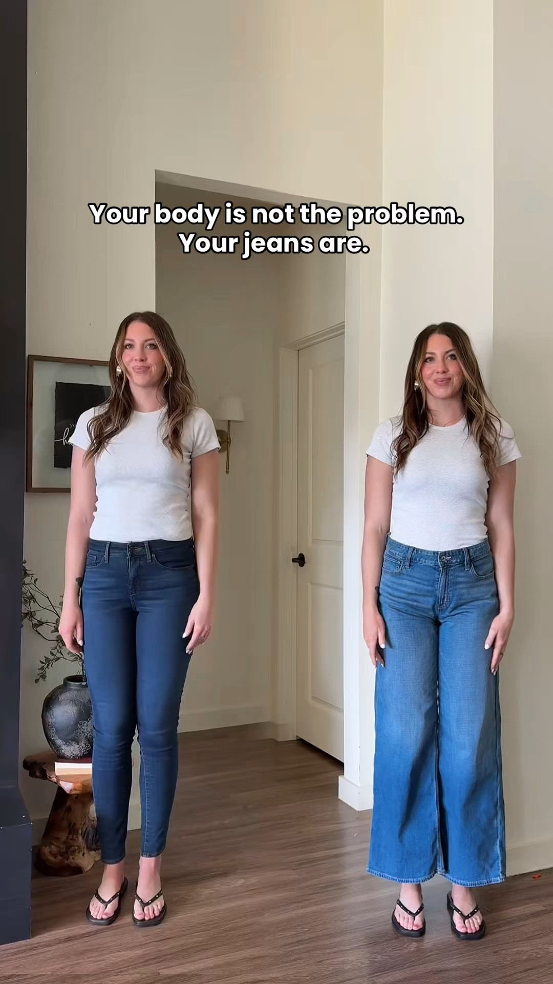 Which pair do you like best? As a rectangle body, here are a few things! look for when shopping for jeans:
Defined waist - high-rise or contoured bands that pull you in
Hip detail - pockets, pleats, or fading
for shape
Style-loose, barrel, or wide leg Mid/high rise - lengthens legs +
creates curves

I’m wearing a 4 tall in both jeans! 