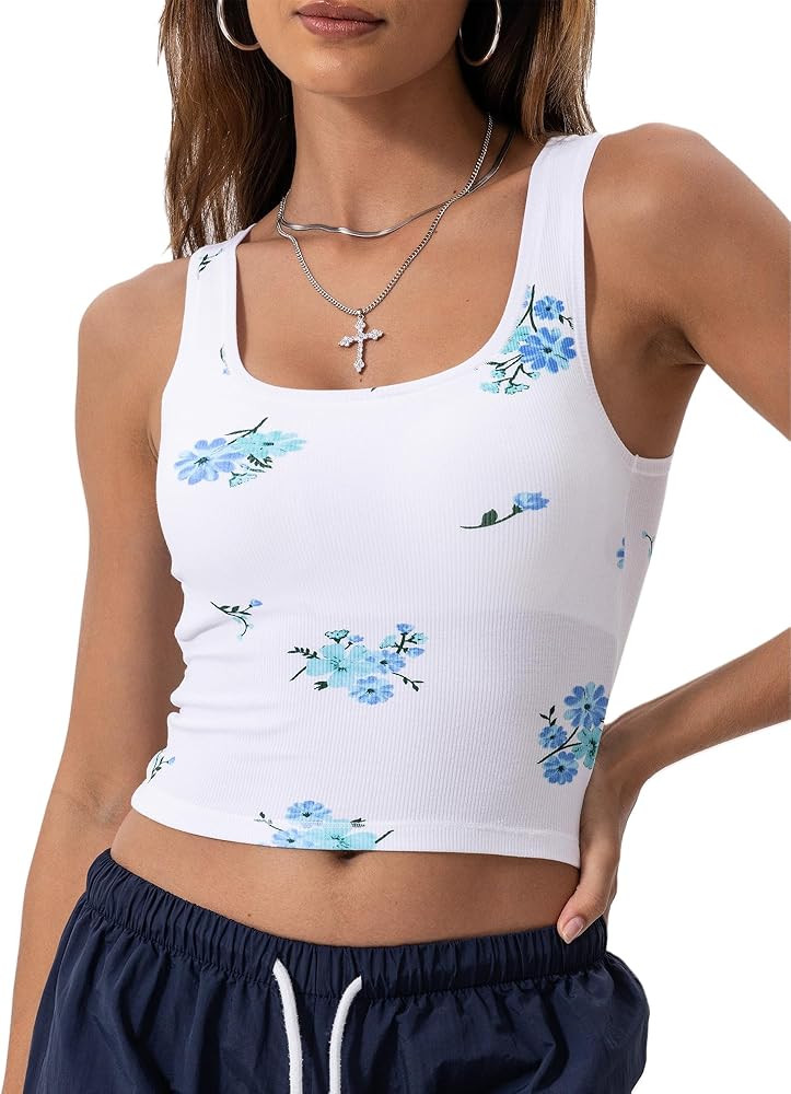 Danysu Women Rib Tank Top Padded Workout Top Square Neck Crop Tank Fitted Basic Cami Tops | Amazon (US)