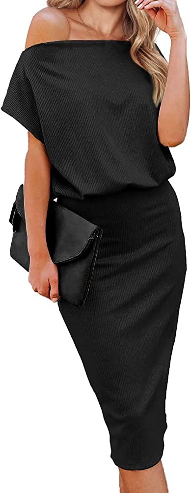 BTFBM Women's Casual Dresses Off The Shoulder Short Sleeve Solid Color Ribbed Knit Party Slim Fit... | Amazon (US)