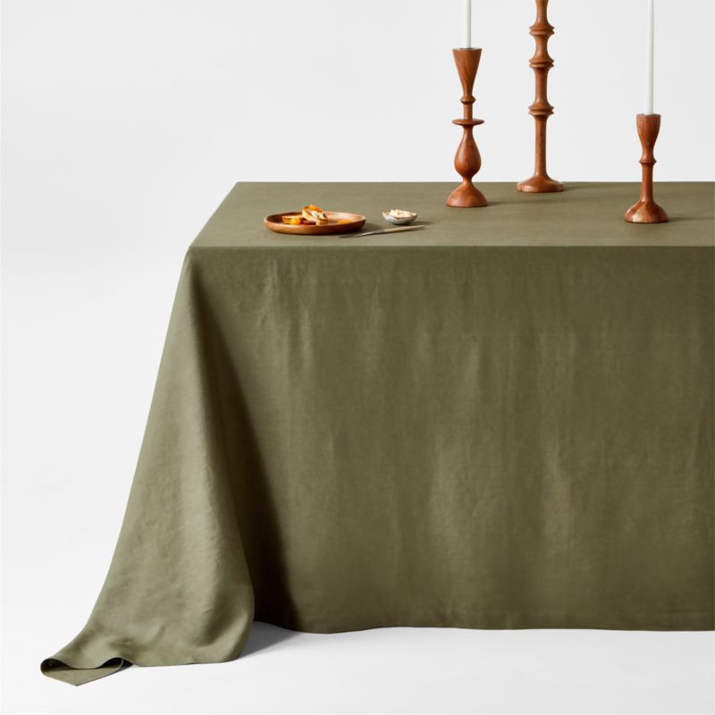 Marin Desert Green Oversized European Flax -Certified Linen Tablecloth + Reviews | Crate & Barrel | Crate & Barrel