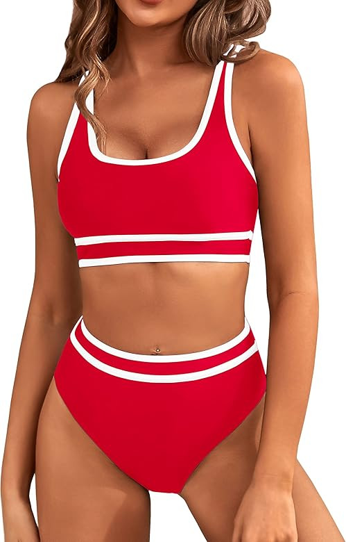 BMJL Women's High Waisted Bikini Sets Sporty Two Piece Swimsuits Color Block Cheeky High Cut Bath... | Amazon (US)