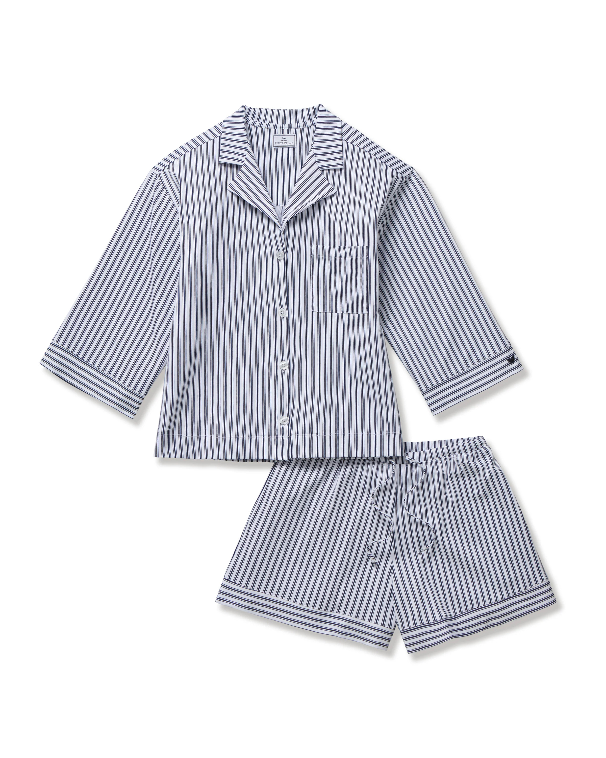 The Olivia Pima Short Set in Navy French Ticking | Petite Plume