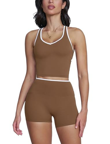 ABOCIW Womens Workout Sets Color Block V Neck Racerback Tank Top Built in Bra High Waist Shorts Gym Set 2 Piece Yoga Pilates Outfits Athletic Work Out Clothes Brown X-Large | Amazon (US)