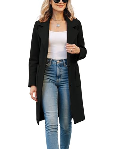 Omoone Women's Winter Wool Blend Coat Notch Lapel Mid Long Single Breasted Pea Coat Jacket Outwear(2629-Black01-M) | Amazon (US)