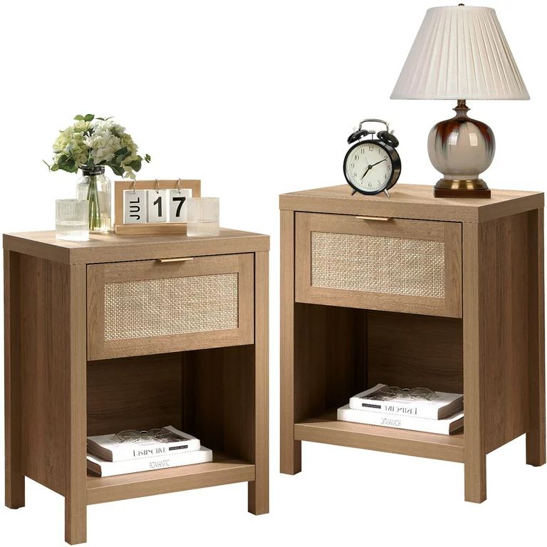 Surmoby Rattan Night Stands for Bedroom Set of 2,Farmhouse Nightstand Bedside Tables with Drawer ... | Walmart (US)