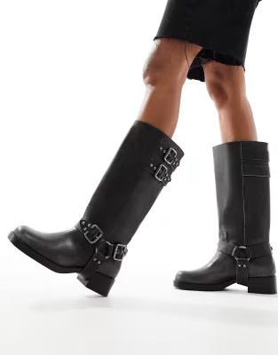 Stradivarius buckle detail biker boot in washed grey | ASOS (Global)