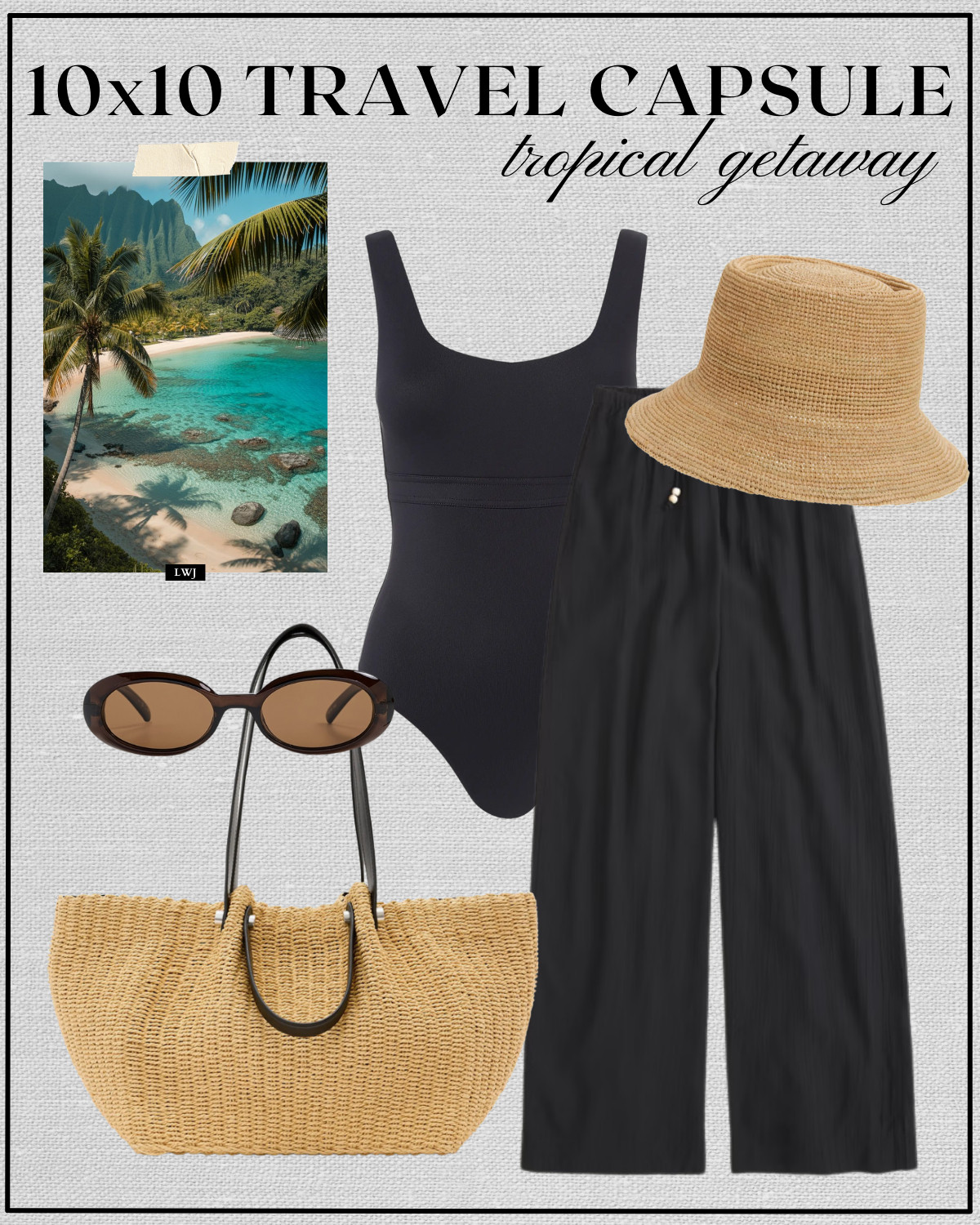 tropical getaway outfit 

black one piece bathing suit / black linen pull on pants / straw bucket hat / sunglasses / straw tote / beach outfit  

 #LTKSeasonal #LTKTravel