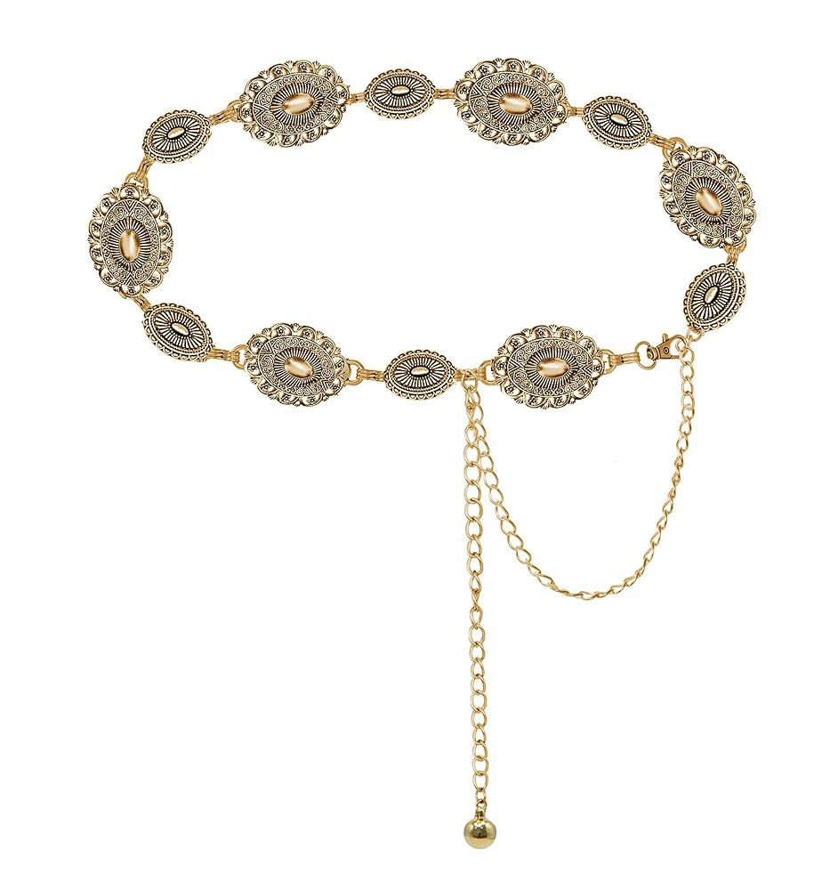 Western-Concho-Belt-Women Cowgirl-Metal-Belts Boho Silver Vintage Turquoise Chain Belt for Dress ... | Amazon (US)