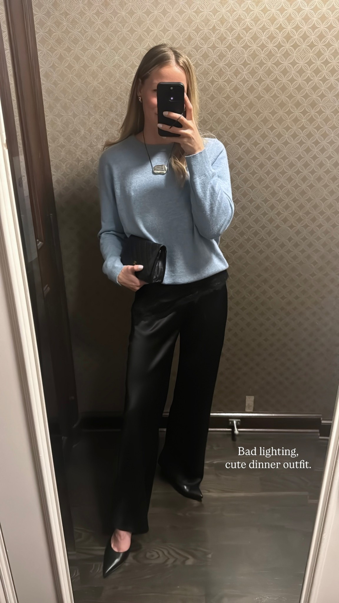 Semi casual dinner date night outfit, absolutely love these Reformation satin pants (Gale pants), highly recommend! I took a size small. Also the Poppy Barley heels are 10/10! 