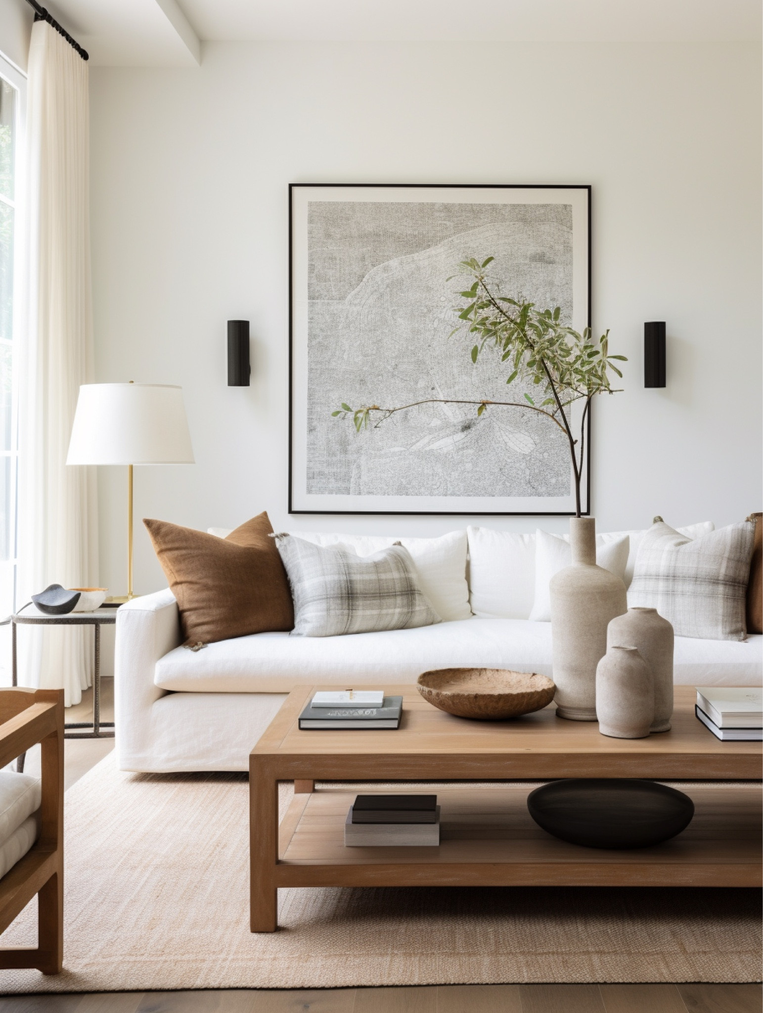 a neutral living room with warm elements, linen couch, large art, wood coffee table, fall throw pillows, coffee table styling

#LTKunder100 #LTKFind

#LTKhome