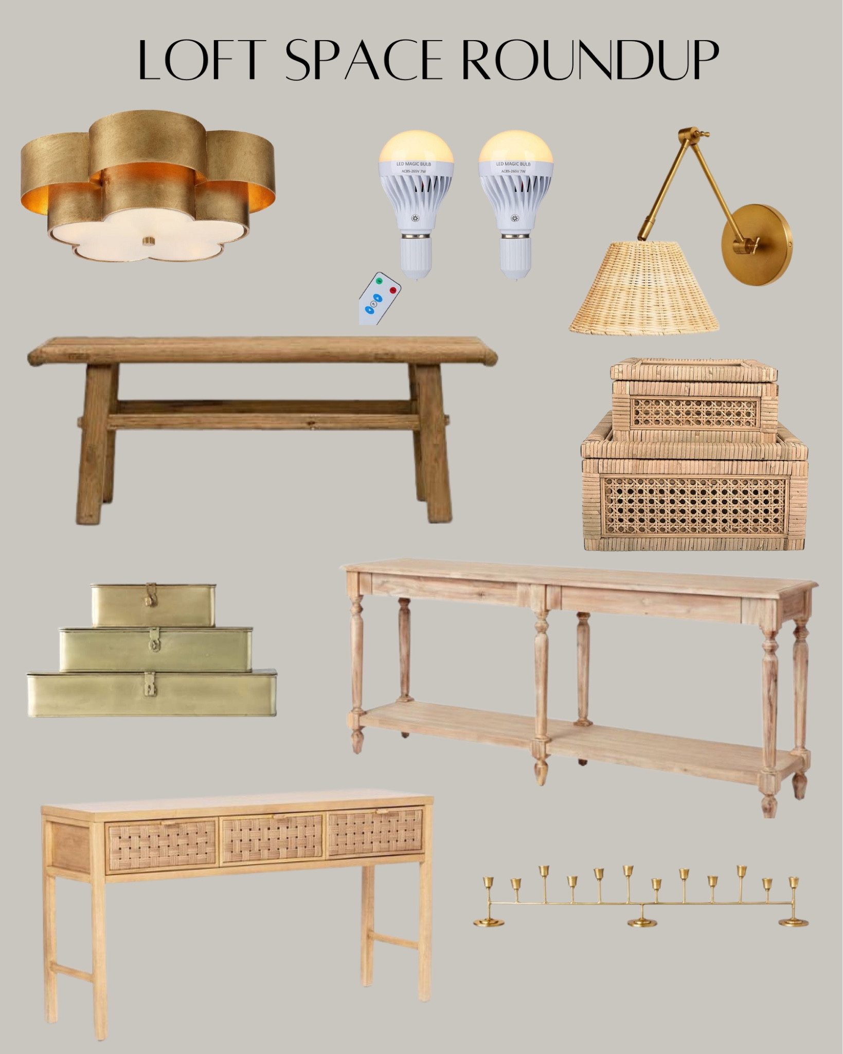 Curved flush mount light, magic lightbulb, rattan wall sconce, reclaimed wood coffee table, cane and wood box, metal box, woven drawer console table, wood console table, metal candelabra 

#LTKFind #LTKstyletip #LTKhome