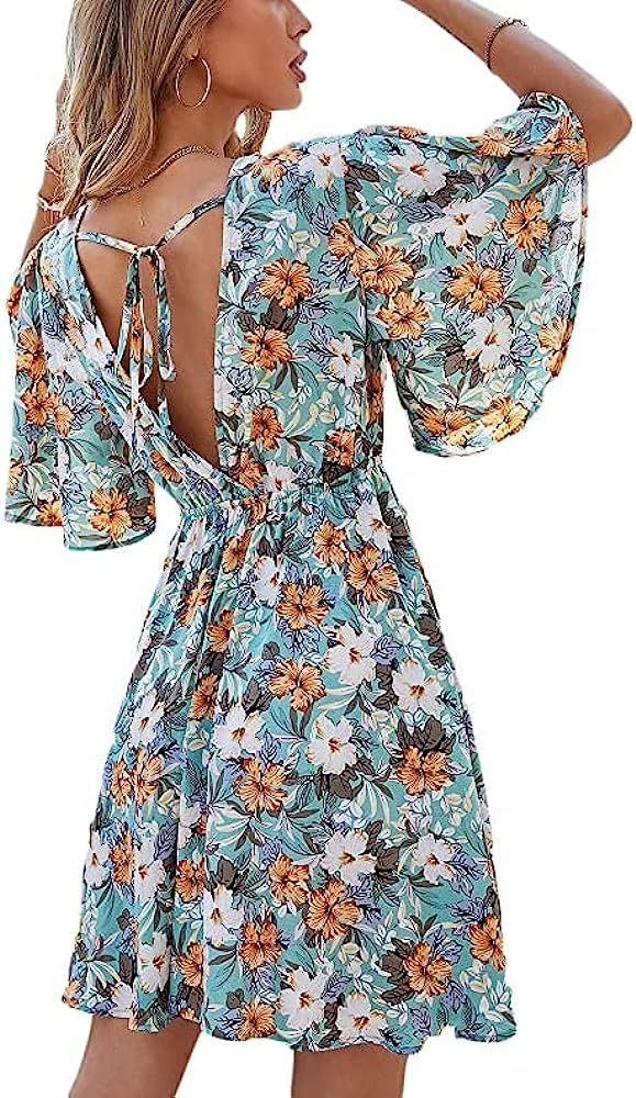 MOOSSIS Women's Floral Print Plunge Neck A Line Short Chiffon Dress | Amazon (US)