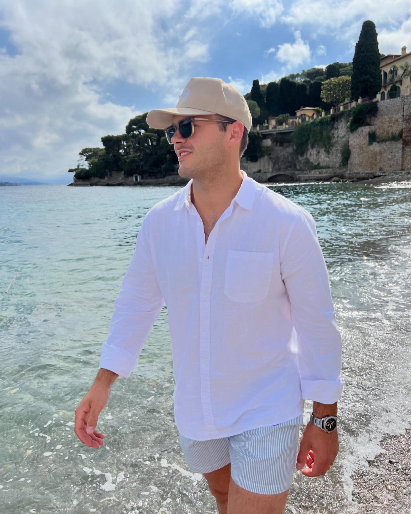 mens outfit for the beach | swim trunks & white linen button down shirt 