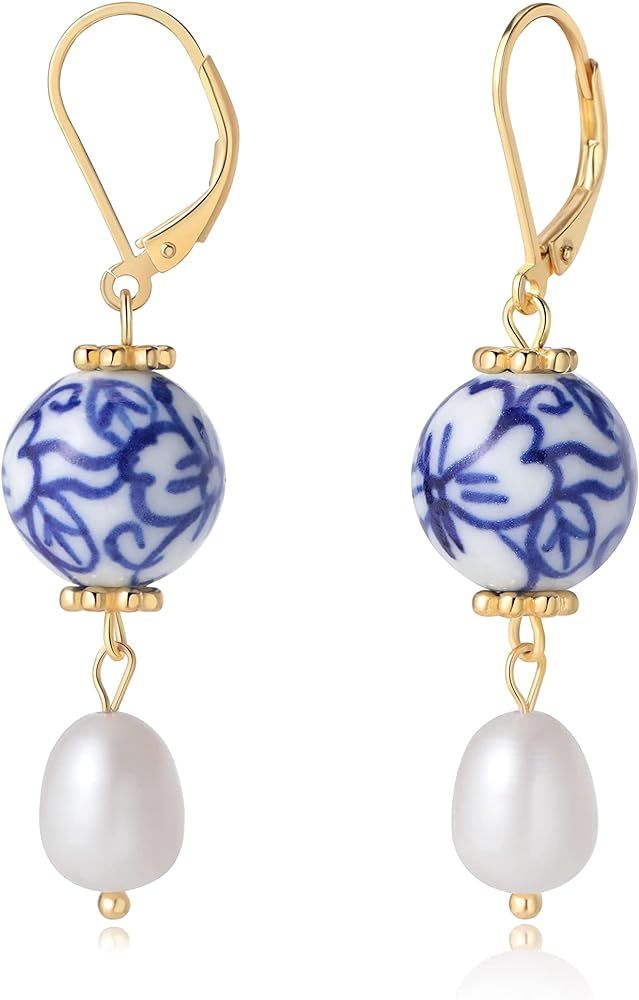 Blue and White Porcelain Pearl Dangle Drop Earrings, 925 Sterling Silver Statement Vintage Bohemi... | Amazon (US)