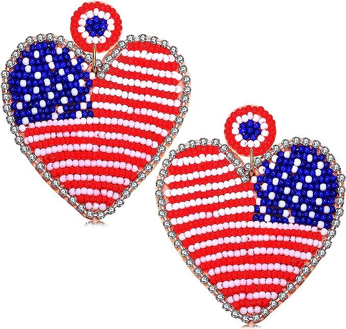 American Flag Earrings 4th of July Earrings for Women Beaded Heart Star Flag Dangle Drop Earrings... | Amazon (US)