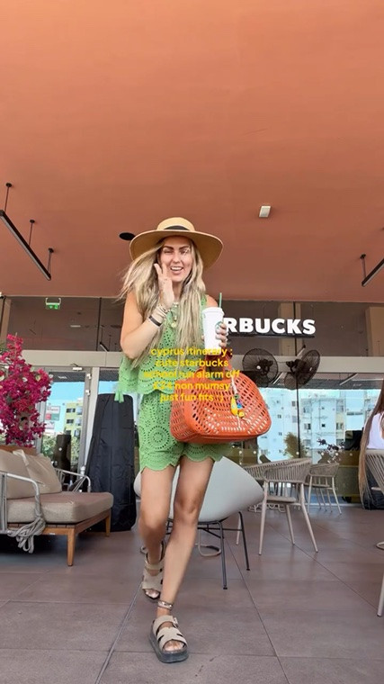 you best dang believe she found the @starbucksuk in Cyprus 🤪 and it was SOOOO pretty !! a full on outdoor area with flowers ! 🥹🌸🦋🥤 & the holiday officially started !! haaaaa

what do they say … you can take the girl out of @starbucks but you can’t take Starbucks out of the girl !!!! 🤭🪇🌞 

hope you girlies are having the best week & as always outfit deets below & saved in my JUNE highlights or just comment SHOP cos no gatekeeping here girlies eva ! ❣️ love yall xxxxxxxxx

OUTFIT DEETS 
i’m a uk 10 , 5’7 
loving an oversized fit :)

green 🍏 crotchet top £12 @georgeatasda wearing L 

matching 🍏 shorts ( unlined - i just wear my bikini bottoms with them ) £12 @georgeatasda wearing size M 

beach 👒 hat is old but practically the same hat £20 @marksandspencer @marksandspencerstyle 

orange 🍊 laser detail bag £38 @asos 

bag charm 🌈 @junoandpip 

all jewellery ✨ saved in my JEWELLERY highlight on my page xx 

LOVE Y’ALL !!! xxxxxxxx

contains previous pr via my gorge management @petillermanagement 🫶🏽

#mumstyle #affordablefashion #highstreetfashion #starbucks #coffeefitcheck
