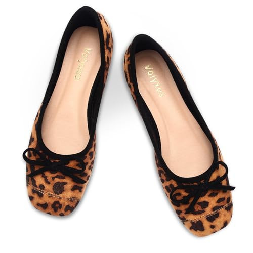 Volyxus Women's Ballet Flats Cap Toe Bow Flats Two Tone Slip On Flats Comfort Square Toe Dressy Flat Shoes for Casual Work Leopard Print | Amazon (US)