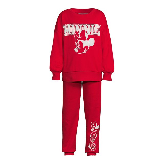 Girls Disney Minnie Mouse Long Sleeve Sweatshirt & Jogger 2-Piece Outfit Set, Sizes 4-16 | Walmart (US)