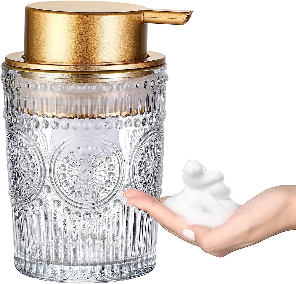 8 Oz Glass Foam Soap Dispenser, Clear Hand Liquid Bottles with Gold Plastic Pump, Refillable Roun... | Amazon (US)