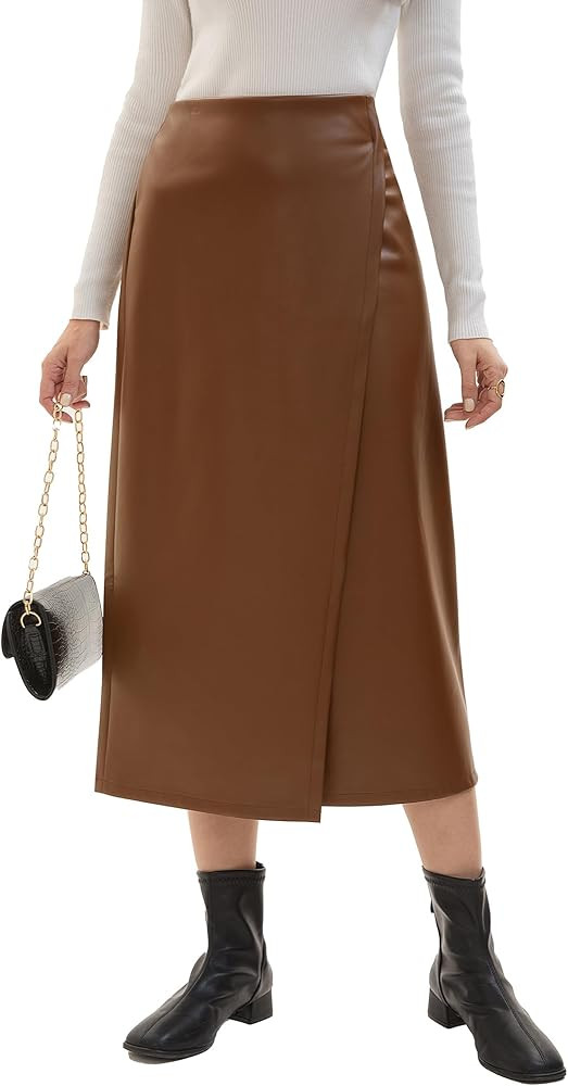 Women's Faux Leather Midi Skirt High Waist Slit for Daily Casual Outdoor Office Work | Amazon (US)