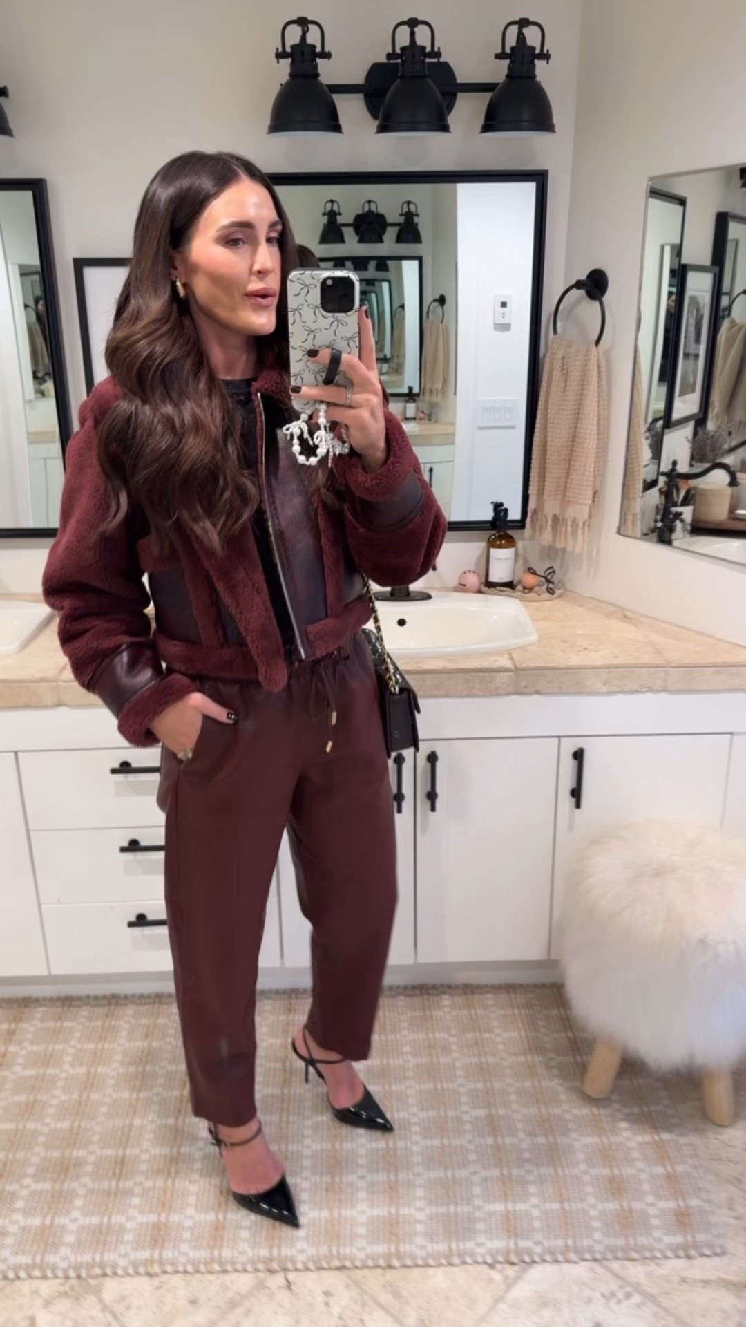 Fall burgundy date night outfit. Affordable find!! 
$49 Faux leather pants - s
$33 lace top - s
$59 heels - tts
Jacket - s 


#LTKFindsUnder100 #LTKSeasonal