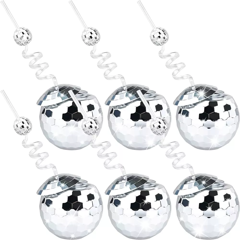 Whaline 4 Sets Disco Ball Cups Disco Mirror Ball Straws Disco Ball