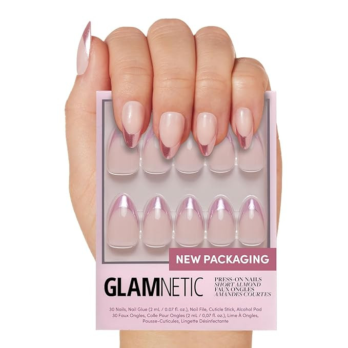 Glamnetic Press On Nails - Rock Candy | Trendy Short Almond Nails with Metallic Chrome Pink Frenc... | Amazon (US)
