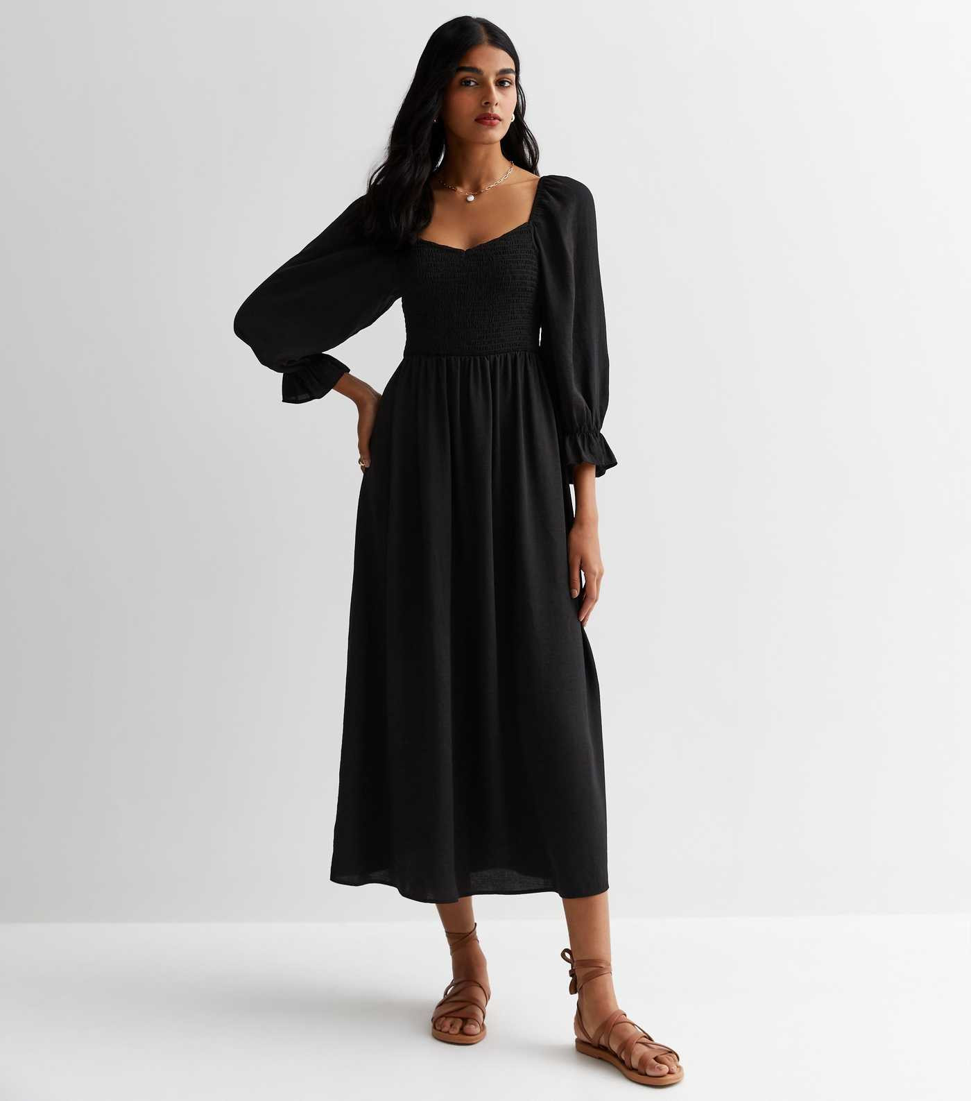 Black Long Sleeve Shirred Midaxi Dress
						
						Add to Saved Items
						Remove from Saved It... | New Look (UK)